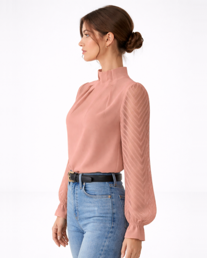 Blouse femme manches transparentes col montant plissé