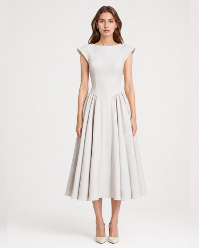 Robe de Cocktail Midi Évasée à Encolure Bateau – Élégance Rétro Chic & Taille Cintrée