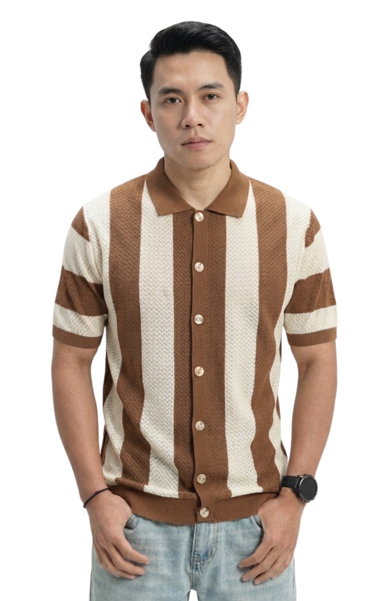 Chemise Homme Tricotée Rayée – Style Resort Élégant à Manches Courtes