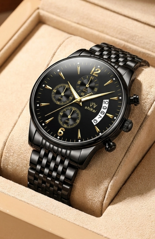 Montre homme acier inoxydable noir, vue de face