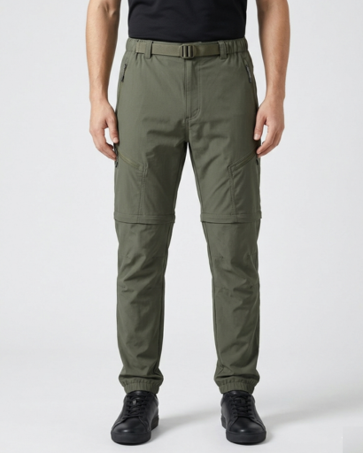 Pantalon Homme Convertible Cargo avec Poches Zippées et Ceinture Intégrée Amovible
