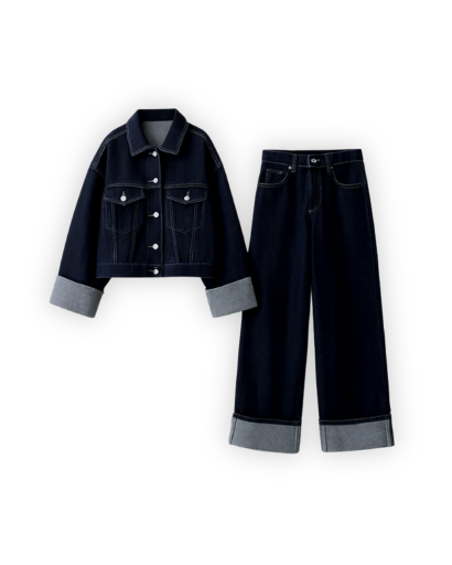 Ensemble femme en jean veste courte et pantalon large
