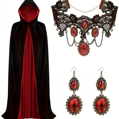 Cape Gothique Halloween – Cape à Capuche Noire & Rouge avec Bijoux