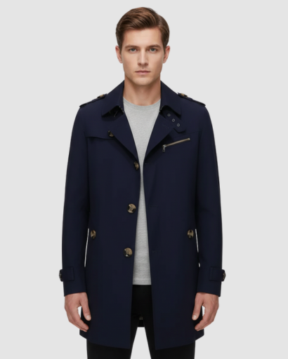 Trench Coat Homme Classique – Coupe Mi-Longue, Double Boutonnage & Détails Épaules