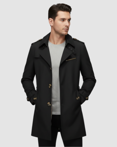 Trench Coat Homme Classique – Coupe Mi-Longue, Double Boutonnage & Détails Épaules
