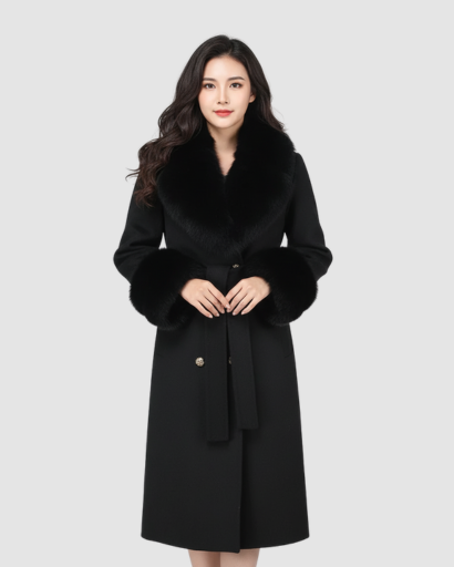 Manteau long en laine avec col et poignets en fausse fourrure