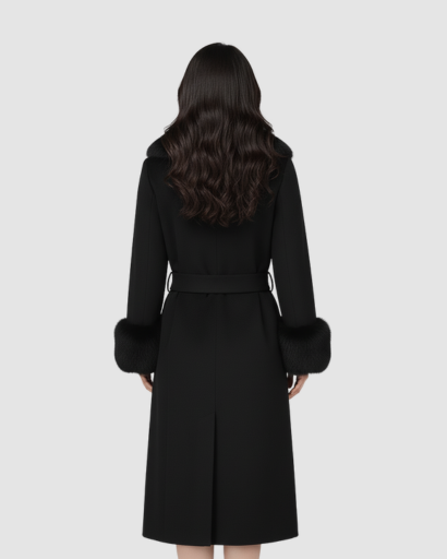 Manteau long en laine avec col et poignets en fausse fourrure