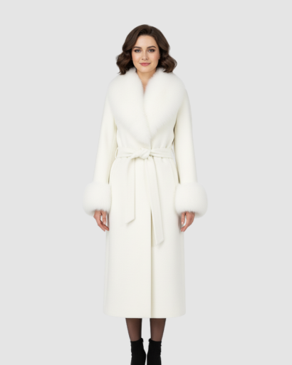 Manteau long en laine avec col et poignets en fausse fourrure