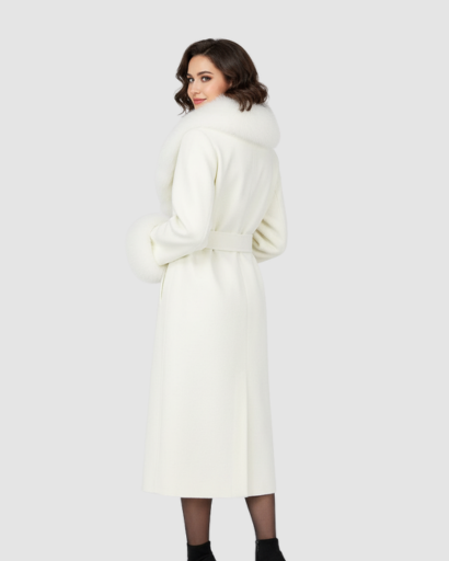 Manteau long en laine avec col et poignets en fausse fourrure