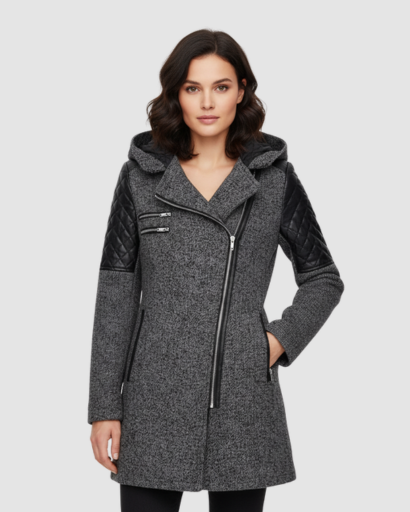 Manteau Femme Style Motard avec Capuche – Look Moderne pour Hiver