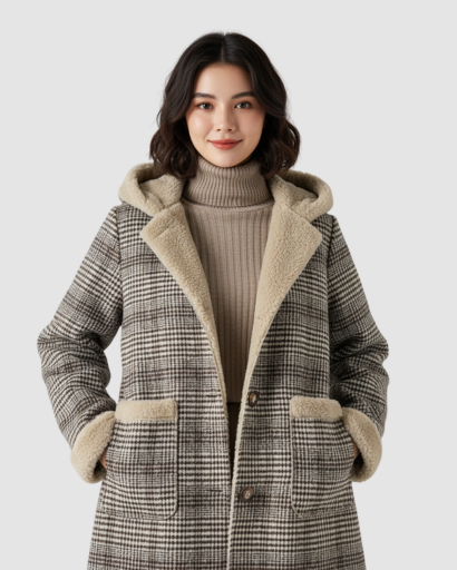 Manteau Femme à Carreaux avec Capuche – Élégance Classique et Douceur Hivernale