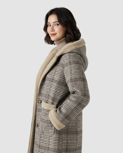 Manteau Femme à Carreaux avec Capuche – Élégance Classique et Douceur Hivernale