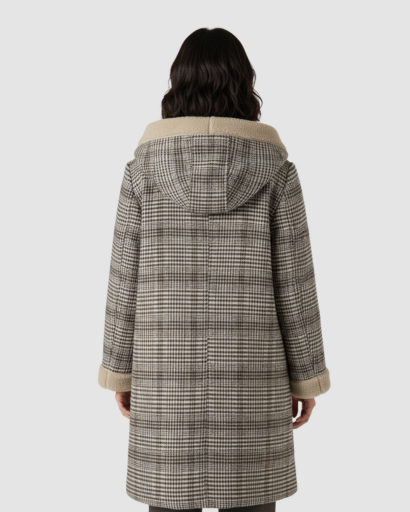 Manteau Femme à Carreaux avec Capuche – Élégance Classique et Douceur Hivernale