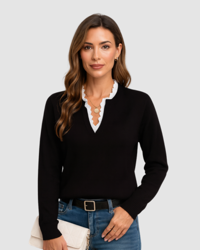 Pull Femme à Col V Détail Dentelle | Élégance Décontractée et Finesse Intemporelle