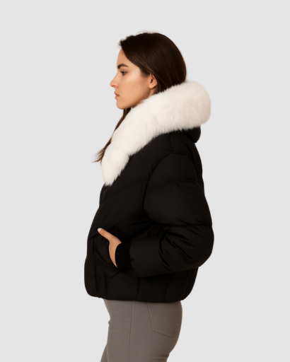 Veste Courte Femme avec Col en Fausse Fourrure – Élégance et Chaleur Hivernale