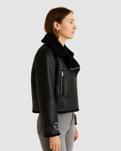 Veste Femme Biker en Cuir Synthétique à Col Moutonné