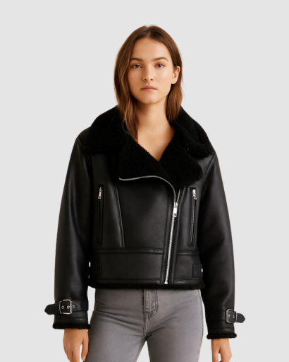 Veste Femme Biker en Cuir Synthétique à Col Moutonné