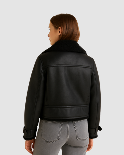 Veste Femme Biker en Cuir Synthétique à Col Moutonné