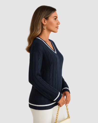 Zoom sur le col V et la texture du tricot rayé du pull femme