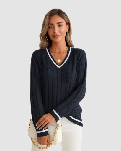 Pull femme col V rayé bleu marine, vue de face, style classique