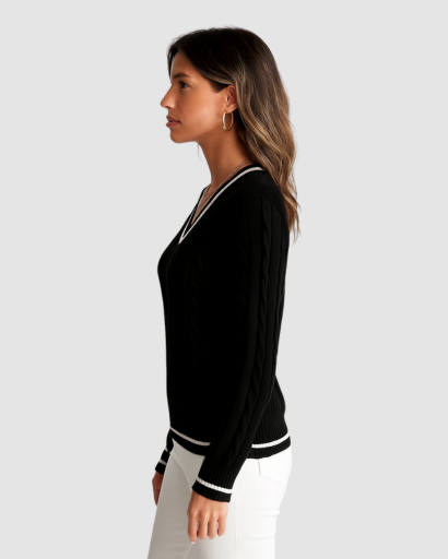 Pull femme col V rayé noir, vue de dos, manches longues