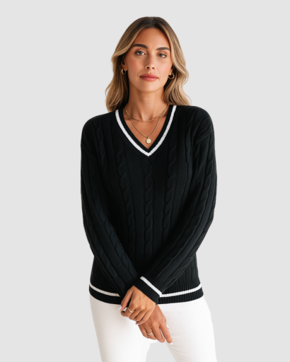 Pull femme col V rayé noir, vue de face, mailles câblées