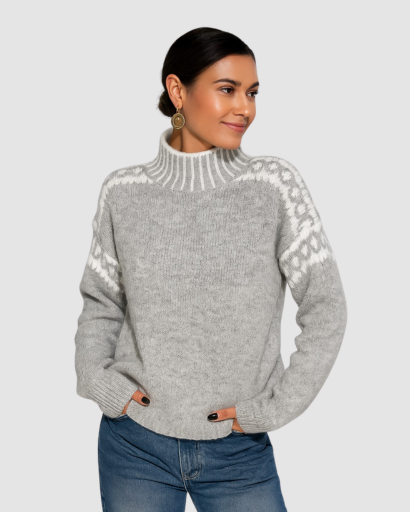 Pull Femme à Col Montant – Motif Nordique et Chaleur Douillette