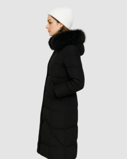 Manteau Long Femme avec Capuche en Fausse Fourrure – Élégance et Isolation Parfaite