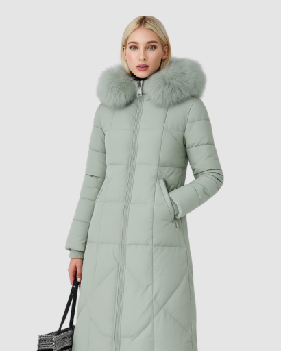 Manteau Long Femme avec Capuche en Fausse Fourrure – Élégance et Isolation Parfaite