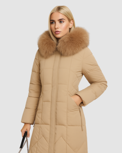 Manteau Long Femme avec Capuche en Fausse Fourrure – Élégance et Isolation Parfaite