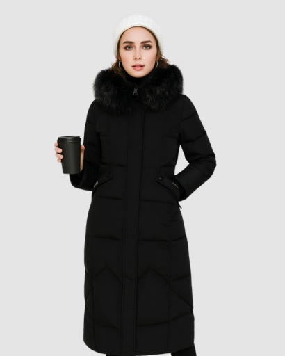Manteau Long Femme avec Capuche en Fausse Fourrure – Élégance et Isolation Parfaite