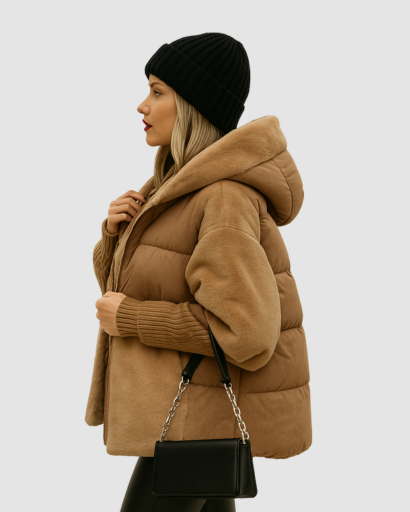 Veste Doudoune Femme avec Capuche – Style Oversize & Détail Fourrure