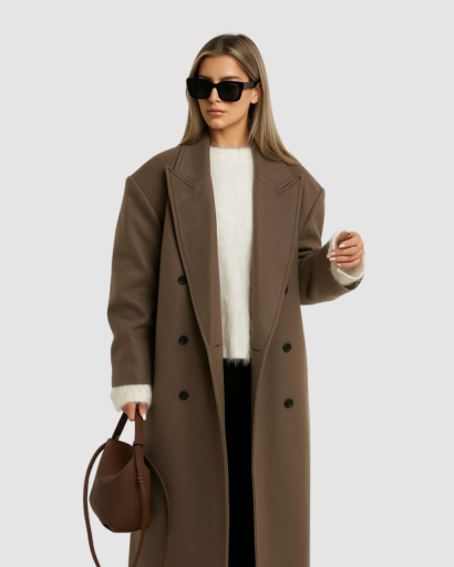 Manteau Long Femme Élégant – Coupe Droite Oversize à Double Boutonnage