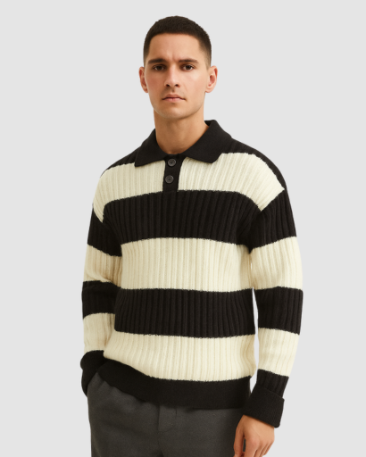 Pull Homme à Rayures Larges avec Col Polo – Style Décontracté et Confort Moderne