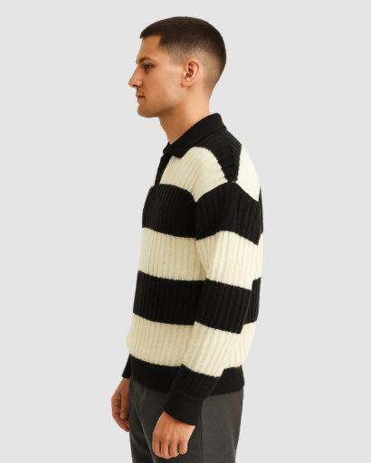 Pull Homme à Rayures Larges avec Col Polo – Style Décontracté et Confort Moderne