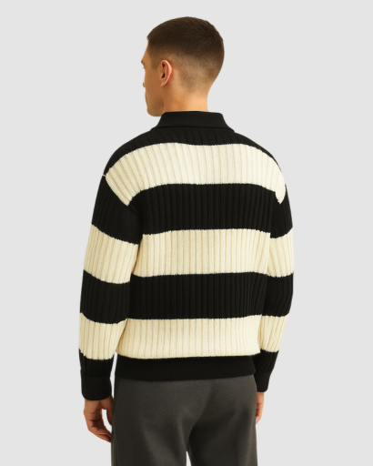 Pull Homme à Rayures Larges avec Col Polo – Style Décontracté et Confort Moderne