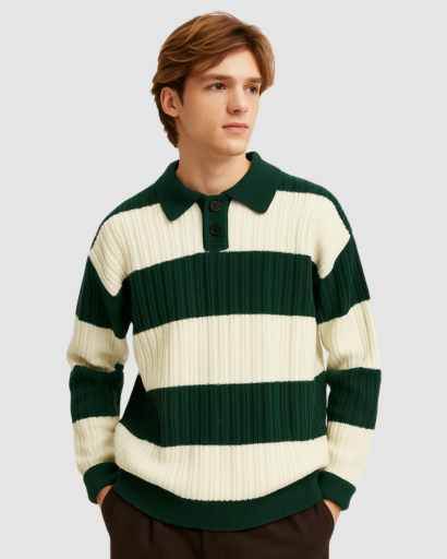 Pull Homme à Rayures Larges avec Col Polo – Style Décontracté et Confort Moderne