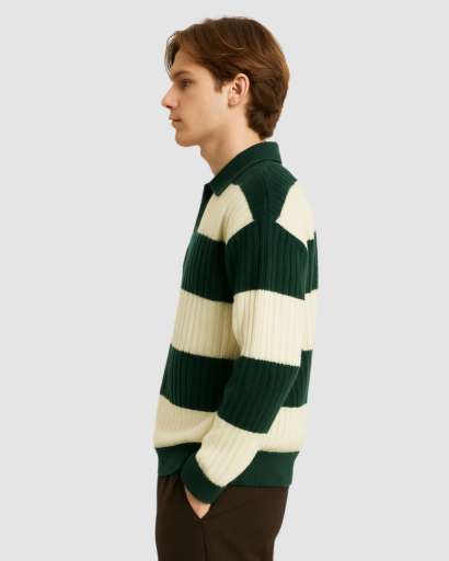 Pull Homme à Rayures Larges avec Col Polo – Style Décontracté et Confort Moderne