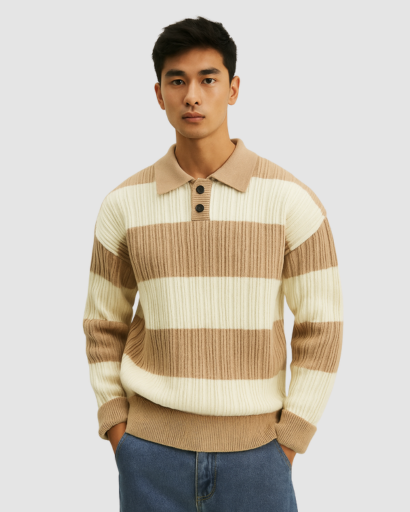 Pull Homme à Rayures Larges avec Col Polo – Style Décontracté et Confort Moderne