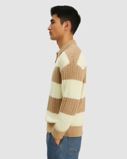 Pull Homme à Rayures Larges avec Col Polo – Style Décontracté et Confort Moderne