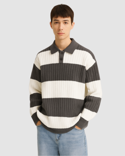 Pull Homme à Rayures Larges avec Col Polo – Style Décontracté et Confort Moderne