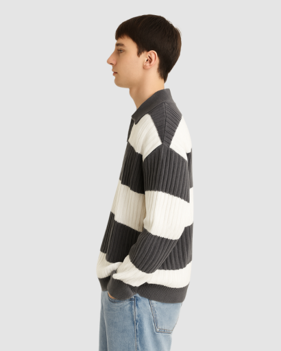 Pull Homme à Rayures Larges avec Col Polo – Style Décontracté et Confort Moderne