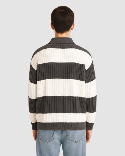 Pull Homme à Rayures Larges avec Col Polo – Style Décontracté et Confort Moderne