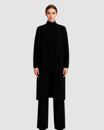 Ensemble 3 Pièces Femme – Pull Col Roulé, Gilet Long & Pantalon Large