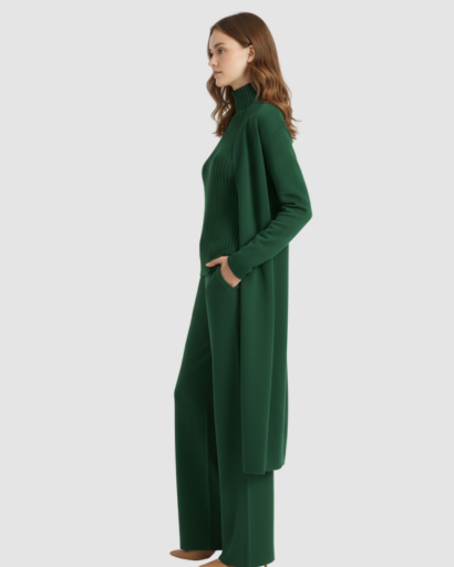 Ensemble 3 Pièces Femme – Pull Col Roulé, Gilet Long & Pantalon Large