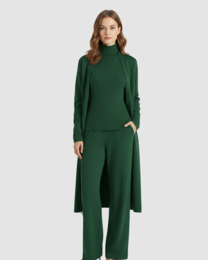 Ensemble 3 Pièces Femme – Pull Col Roulé, Gilet Long & Pantalon Large