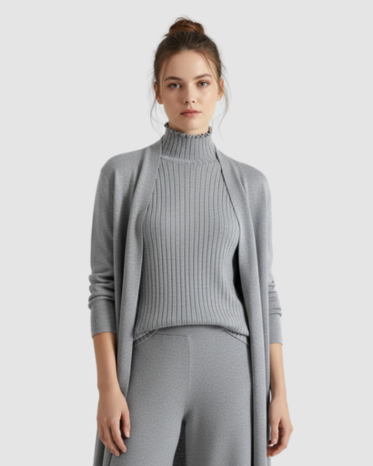 Ensemble 3 Pièces Femme – Pull Col Roulé, Gilet Long & Pantalon Large