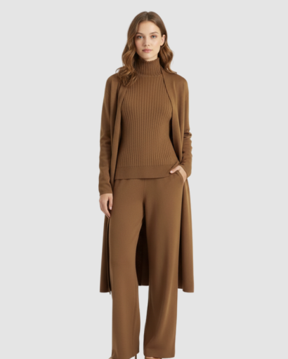 Ensemble 3 Pièces Femme – Pull Col Roulé, Gilet Long & Pantalon Large