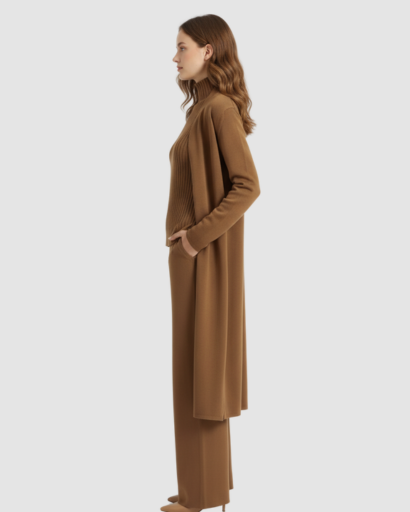 Ensemble 3 Pièces Femme – Pull Col Roulé, Gilet Long & Pantalon Large