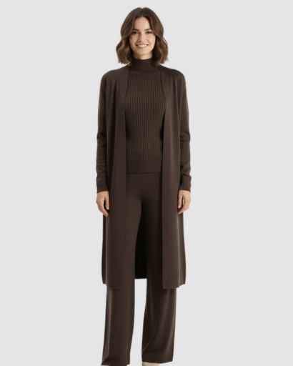 Ensemble 3 Pièces Femme – Pull Col Roulé, Gilet Long & Pantalon Large